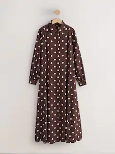 Chocolate Brown/Ecru Polka Dot Printed Long Sleeve Shirt Dress | Next US