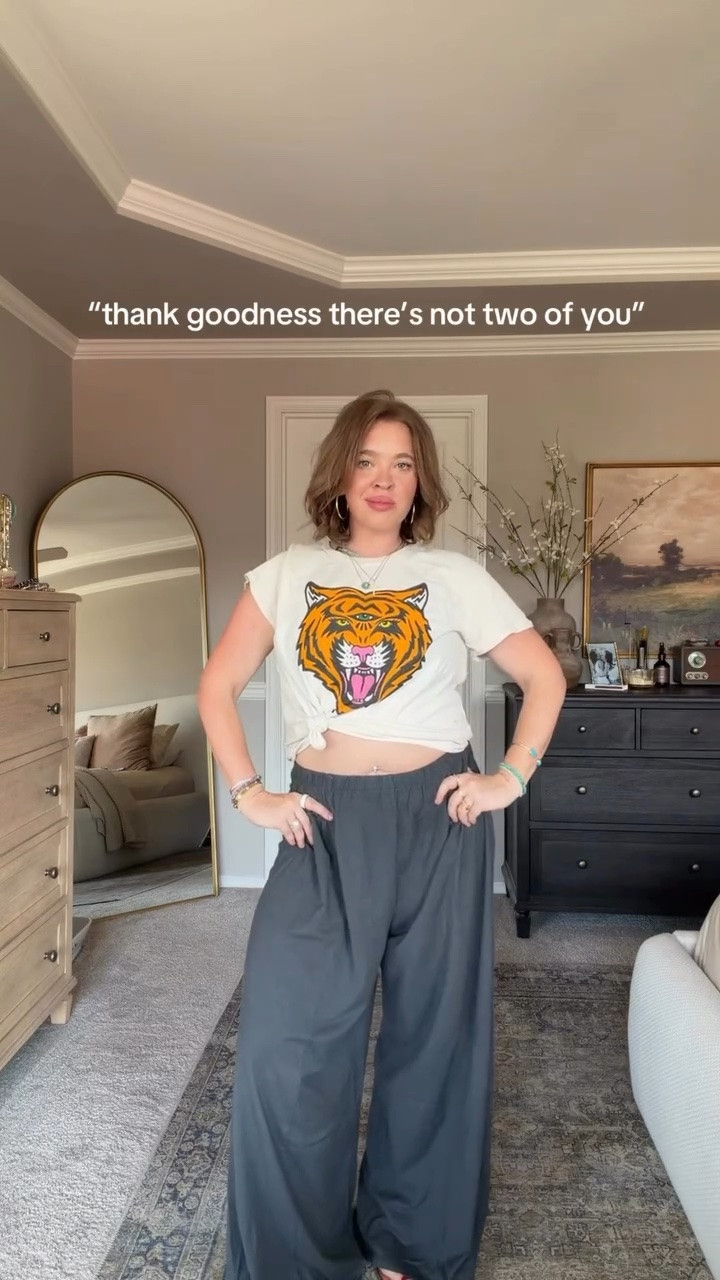 Tiger Tee is from Thread Hippie Ca and the exact pants in wearing are sold out, but I linked a similar pair and a shirt that has similar vibes 🐯