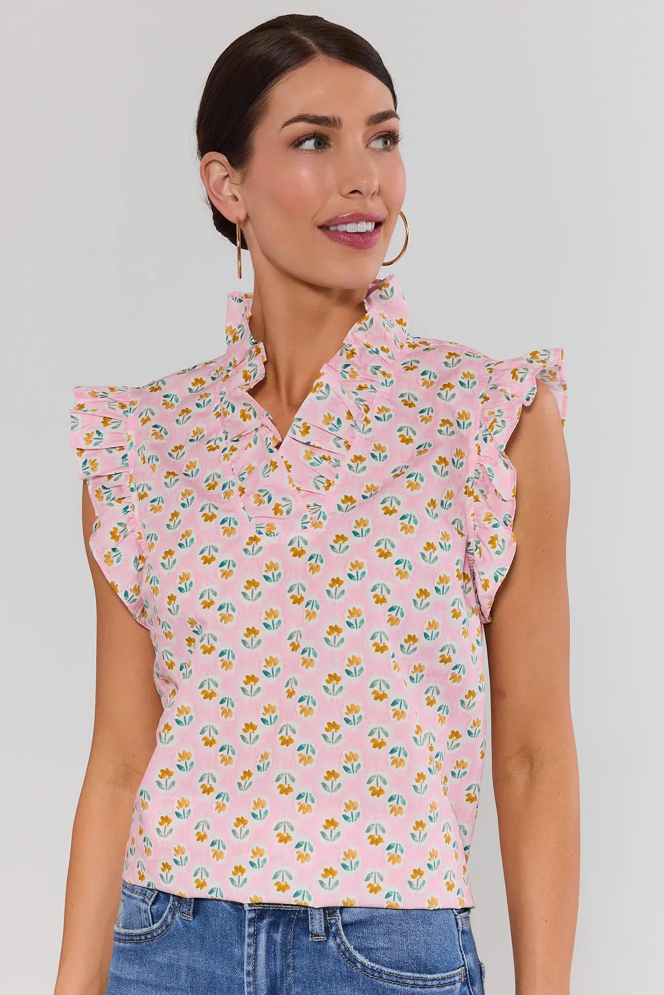 Ginny Pink Floral Ruffle Top | Avara