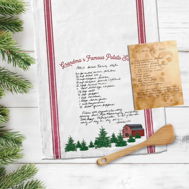 Christmas tea towel | custom handwritten recipe tea towel | barn fir trees keepsake recipe christ... | Etsy (US)
