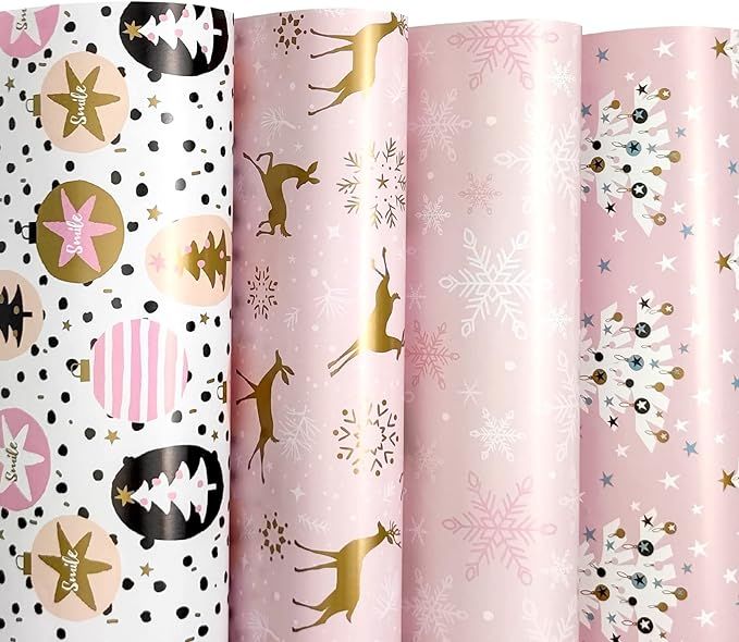 FIEHALA Flat Christmas Wrapping Paper Sheets - 12 Sheets with 4 Pink Patterns - Pre cut & Folded ... | Amazon (US)