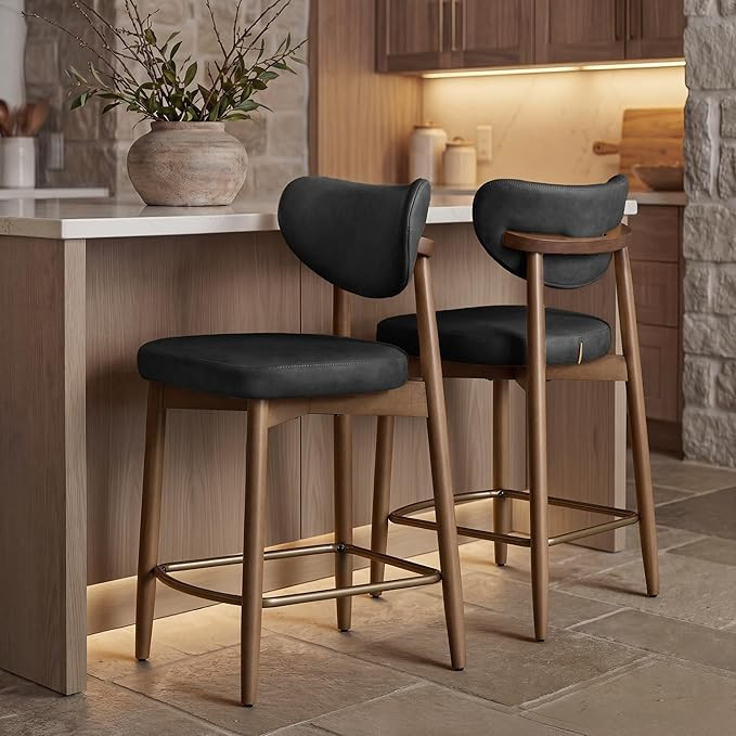 VASAGLE Wooden Bar Stools Set of 2, Upholstered Counter Height Barstools with Solid Wood Legs, Er... | Amazon (US)