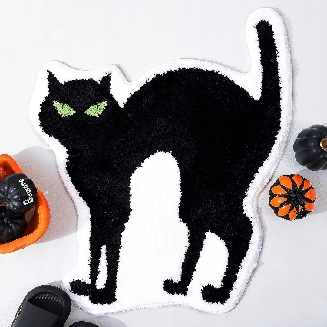 Fluffy Black Cat Rug Cute Halloween Bath Mat Cat Lover Rug - Etsy | Etsy (US)