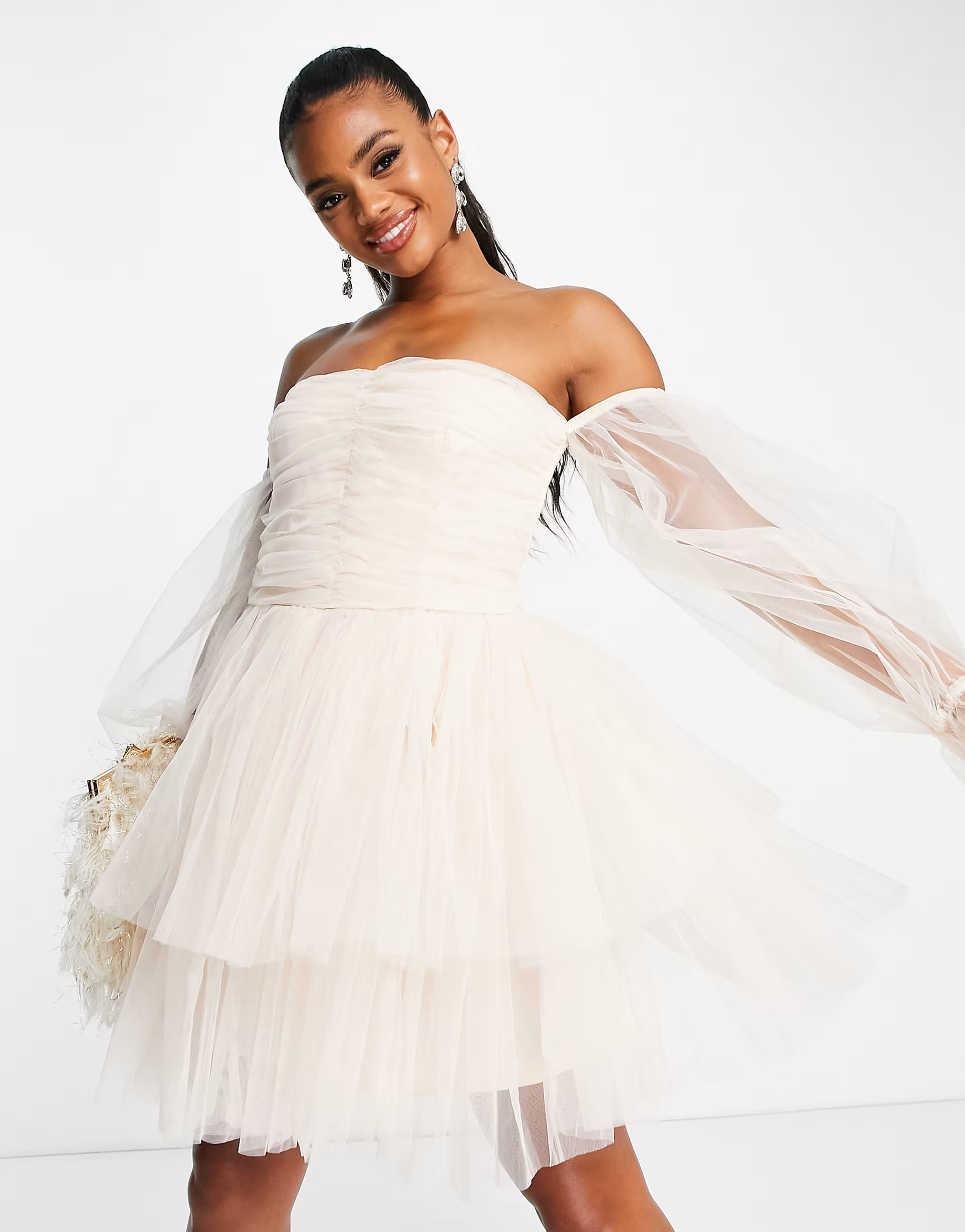 Lace & Beads mini tulle sleeve dress in beige | ASOS (Global)