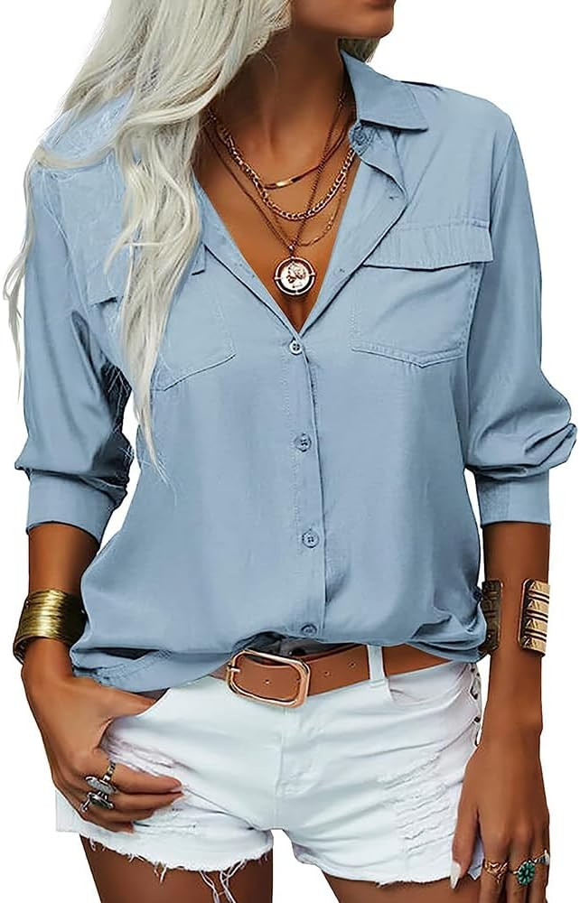 Veatzaer Womens Solid Lapel Long Sleeves Button Down Shirt Top Casual Basic Office Blouse | Amazon (US)