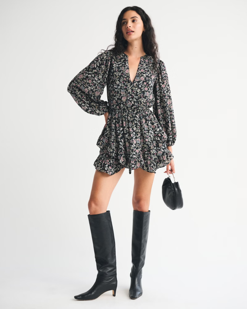 Women's Long-Sleeve Easy Waist Ruffle Mini Dress | Women's Dresses & Jumpsuits | Abercrombie.com | Abercrombie & Fitch (US)