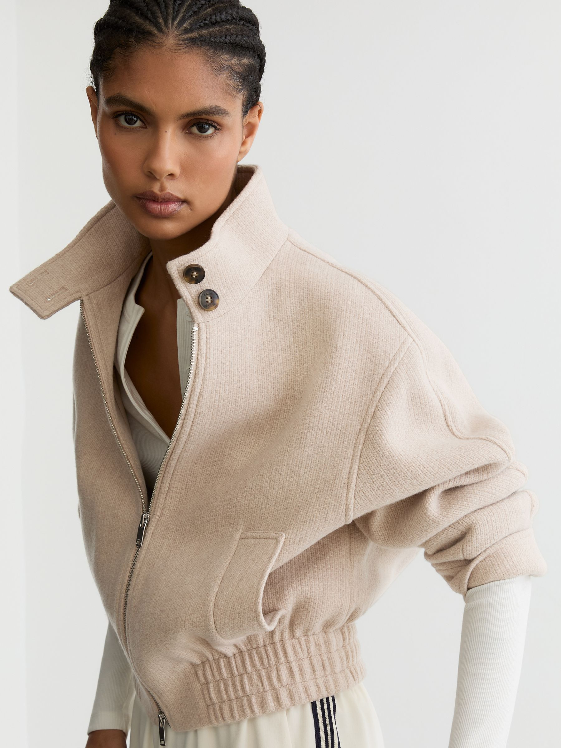 Reiss Wool Funnel-Neck Bomber Coat in Neutral - REISS | Reiss UK