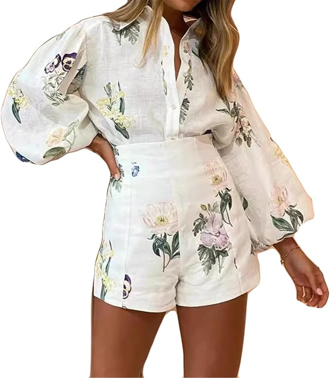 Qikaka Women's 2 PCS Flowers Printed Blouse Shirts Tops Bodycon Shorts Sexy Nightclub Party Track... | Amazon (US)