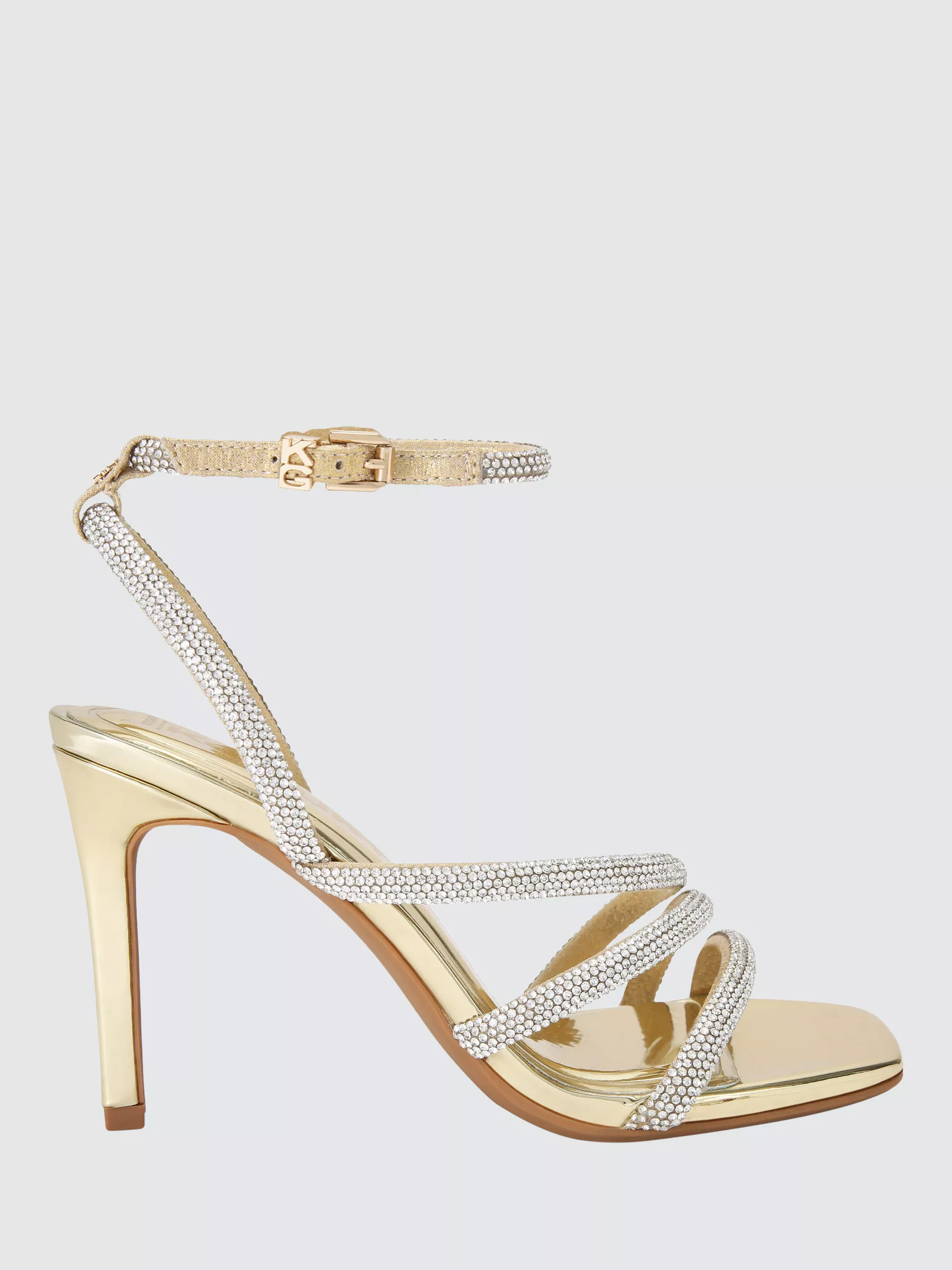 KG Kurt Geiger Savanna Crystal Embellished Strappy Heeled Sandals, Gold | John Lewis (UK)