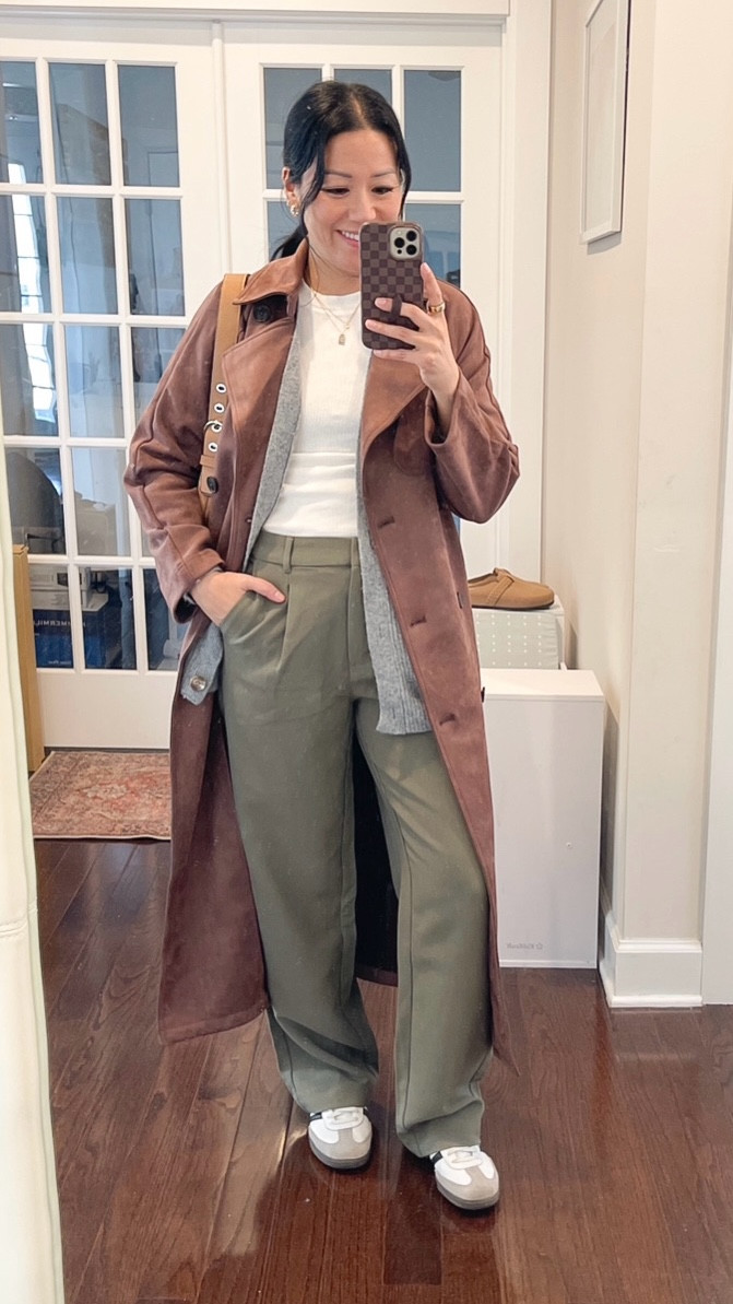 Size small tee
Size XS coat
Size XS cardigan
Size 2 regular pants (older)
Sized down 1/2 in sambas


#LTKFindsUnder50 #LTKootd #LTKOver40