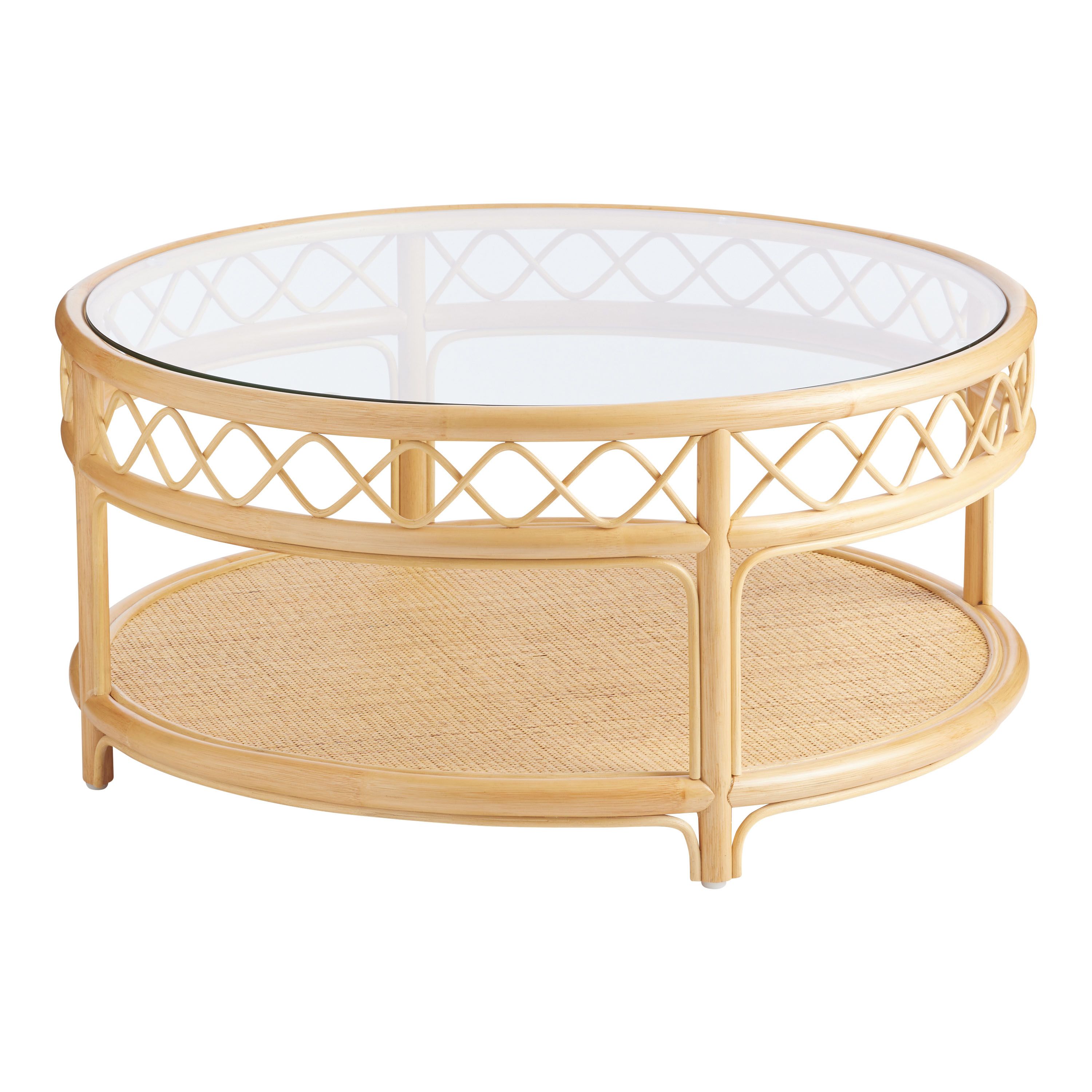 Janessa Honey Rattan Glass Top Coffee Table with Shelf | World Market