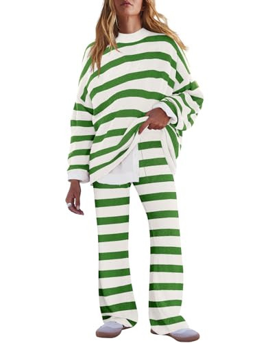LAMISSCHE Oversized Womens Lounge Set Striped Sweater Set Long Sleeve 2 Piece Pajama Set Top and Pants with Pockets(White&Green,S) | Amazon (US)
