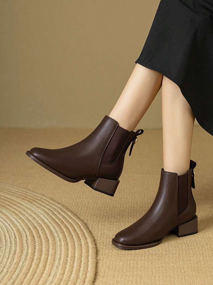 Women's Brown Round Toe Chunky Heel Short Ankle  Boots, Ideal With Cardigan, Elastic Slip-On Fash... | SHEIN
