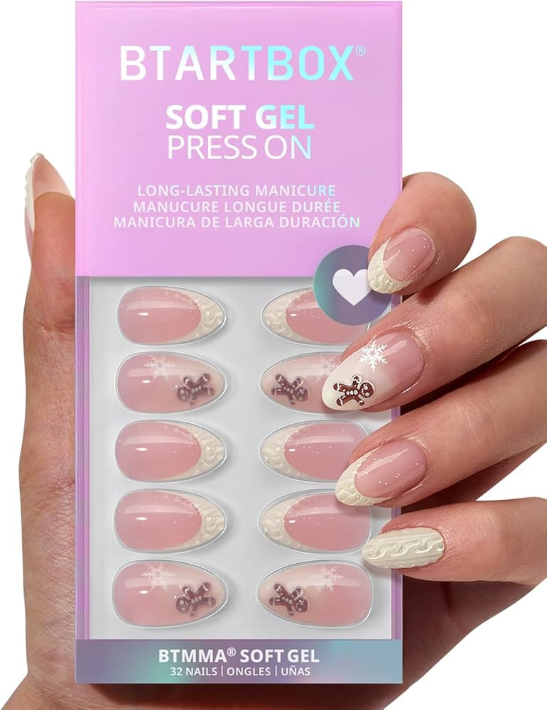 BTArtbox French Tip Press On Nails - Gingerbread Joy, 3D Short Almond Christmas Press On Nails wi... | Amazon (US)