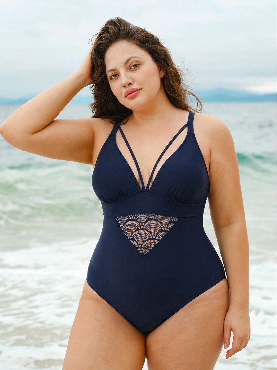Navy Lace Strappy V-Neck Plus Size One-Piece & Reviews - Navy - Sustainable Plus Size One-Pieces ... | BERLOOK