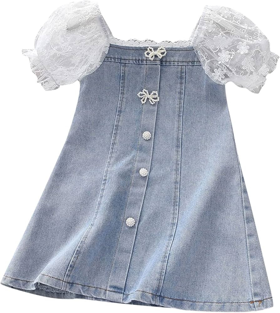 Toddler Kids Baby Girls Puff Sleeve Lace Mesh Dress Girl Denim Dresses Sundress Dress Up Clothes ... | Amazon (US)