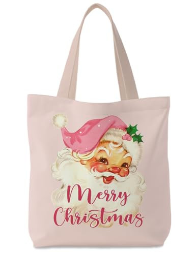 Supwhd Pink Christmas Tote Bag, Vintage Santa Christmas Canvas Tote Bag for Women, Reusable Christmas Tote Bags, Womens Gifts for Christmas, Christmas Reusable Grocery Bags Shopping Bags | Amazon (US)