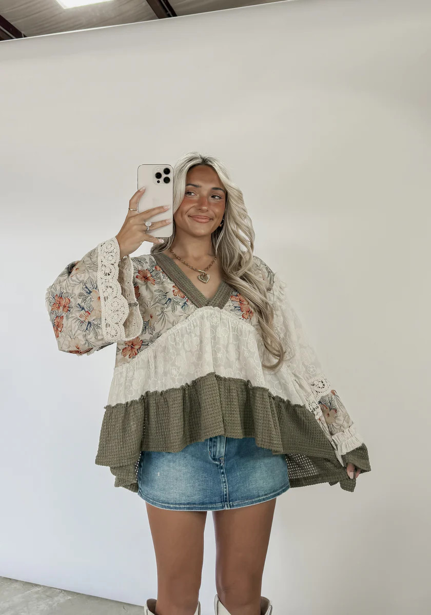 Skips Through The Garden Patchwork Long Sleeve Top - Olive | CK Squared Boutique