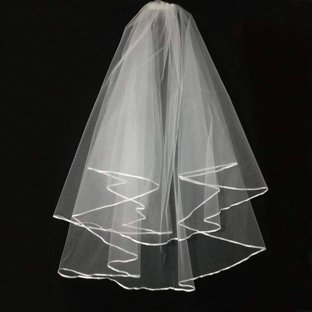 White Wedding Veil,2 Tier Ribbon Edge Center Cascade Bridal Veil with Comb for Bachelorette Party | Amazon (US)