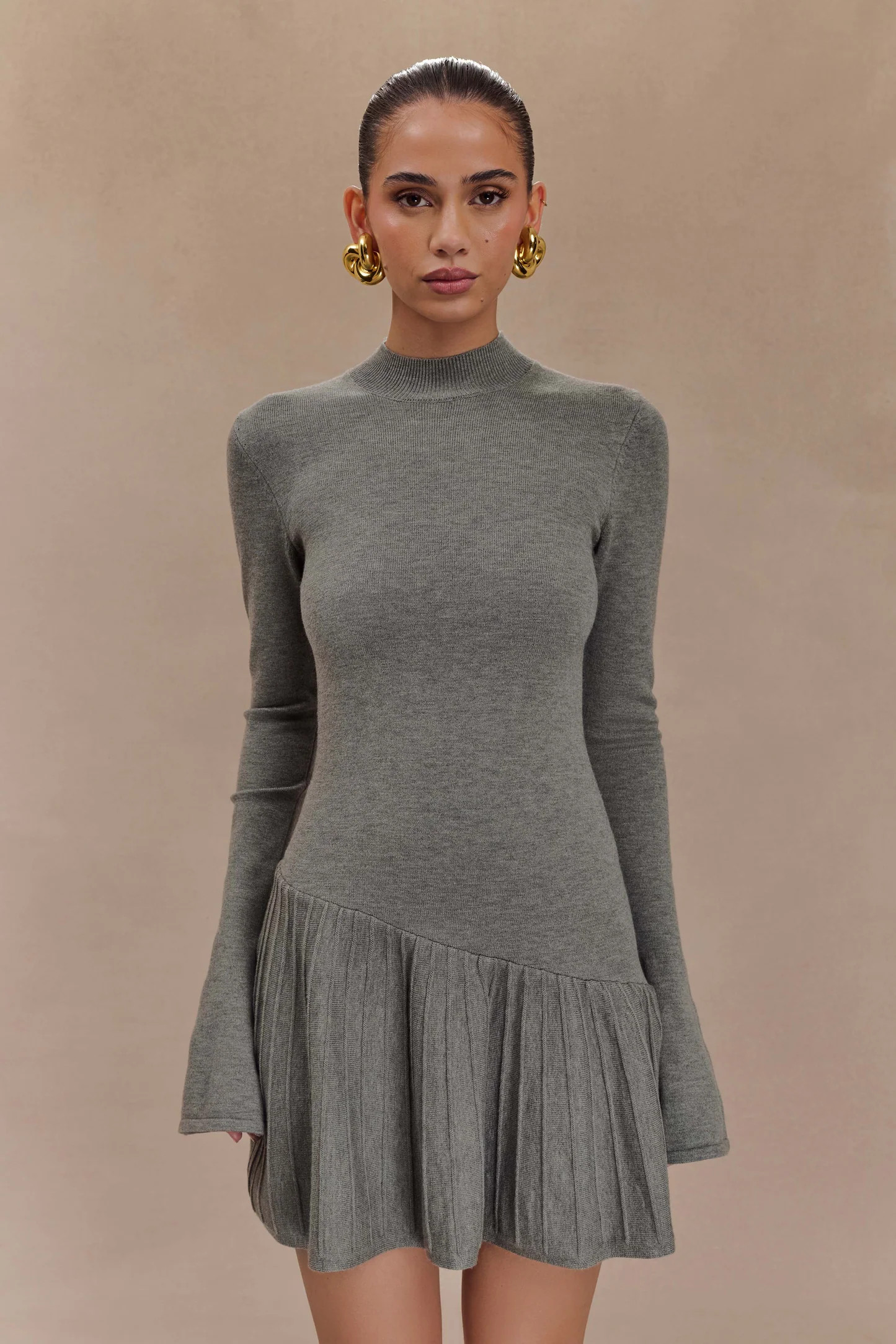 Knit Mini Dress With Pleats - Charcoal | MESHKI US