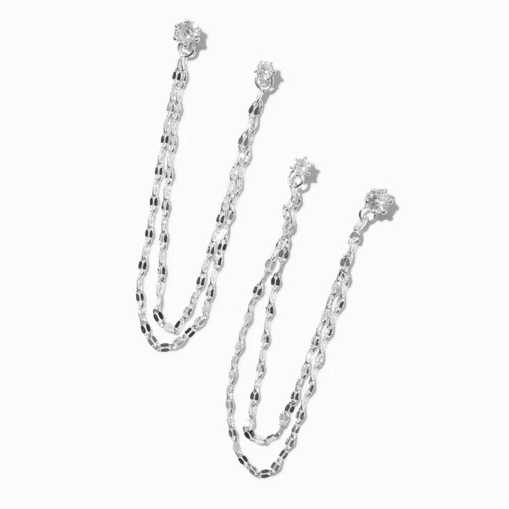 Silver-tone Cubic Zirconia Connector Chain Stud Earrings | Claire's (UK)
