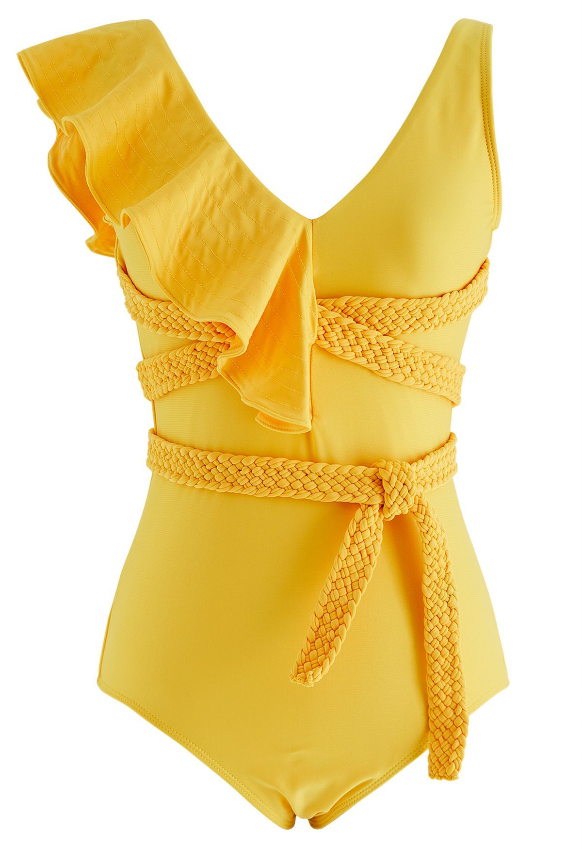 Braided Strap Ruffle Trim Swimsuit in Yellow | Chicwish