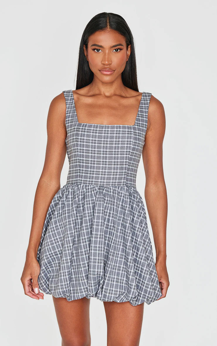 Grey Check Puffball Dress | PrettyLittleThing US