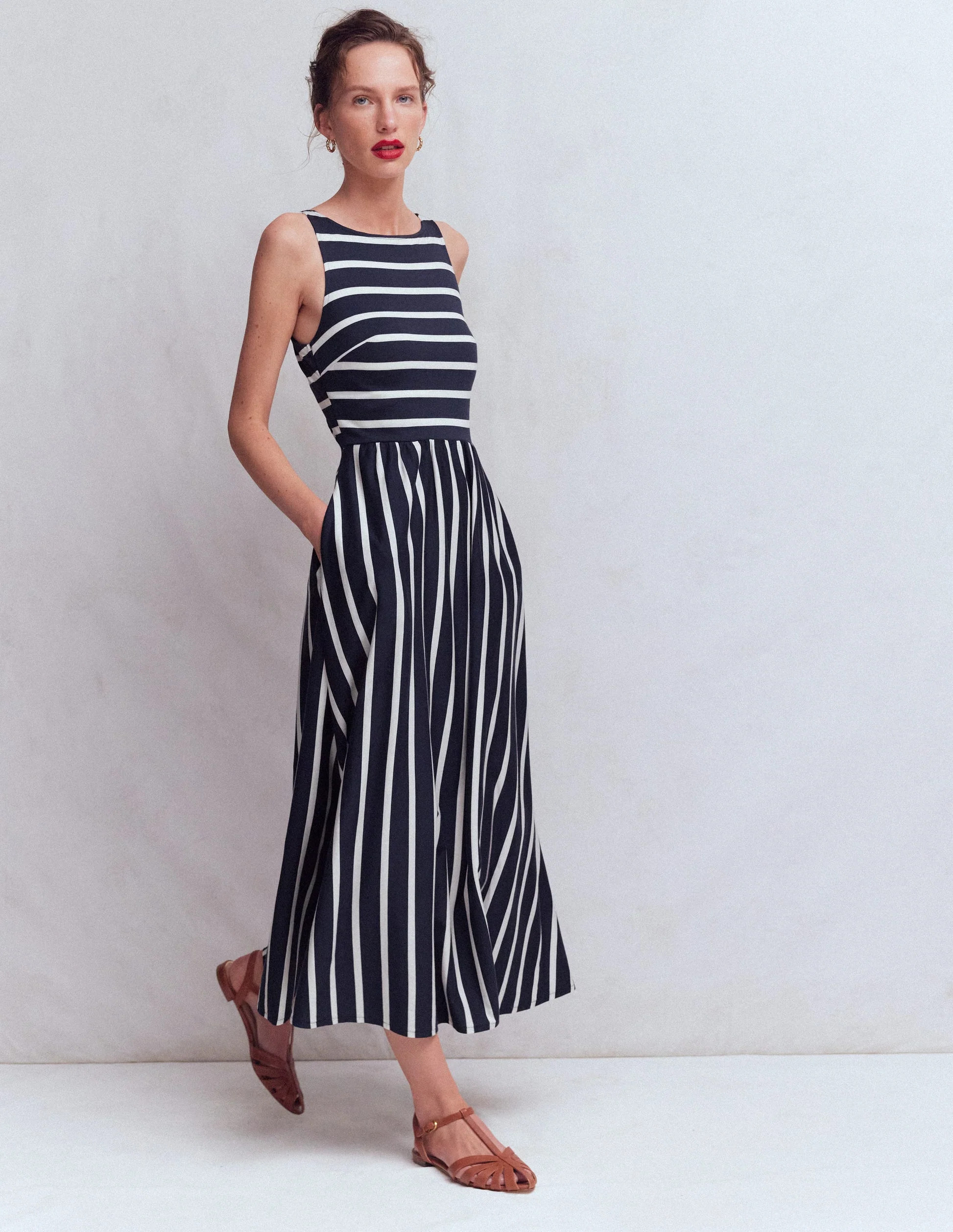 Saoirse Smocked Jersey Dress-Navy, Ivory Stripe | Boden (US)