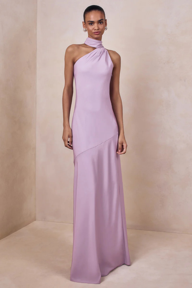 Cara  Lilac Satin High-Neck Maxi Dress | Club L London