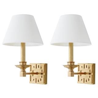 Elvira 4.75 in. 2-Light Gold Greek Key Wall Sconce with White Shade (Set of 2) | The Home Depot