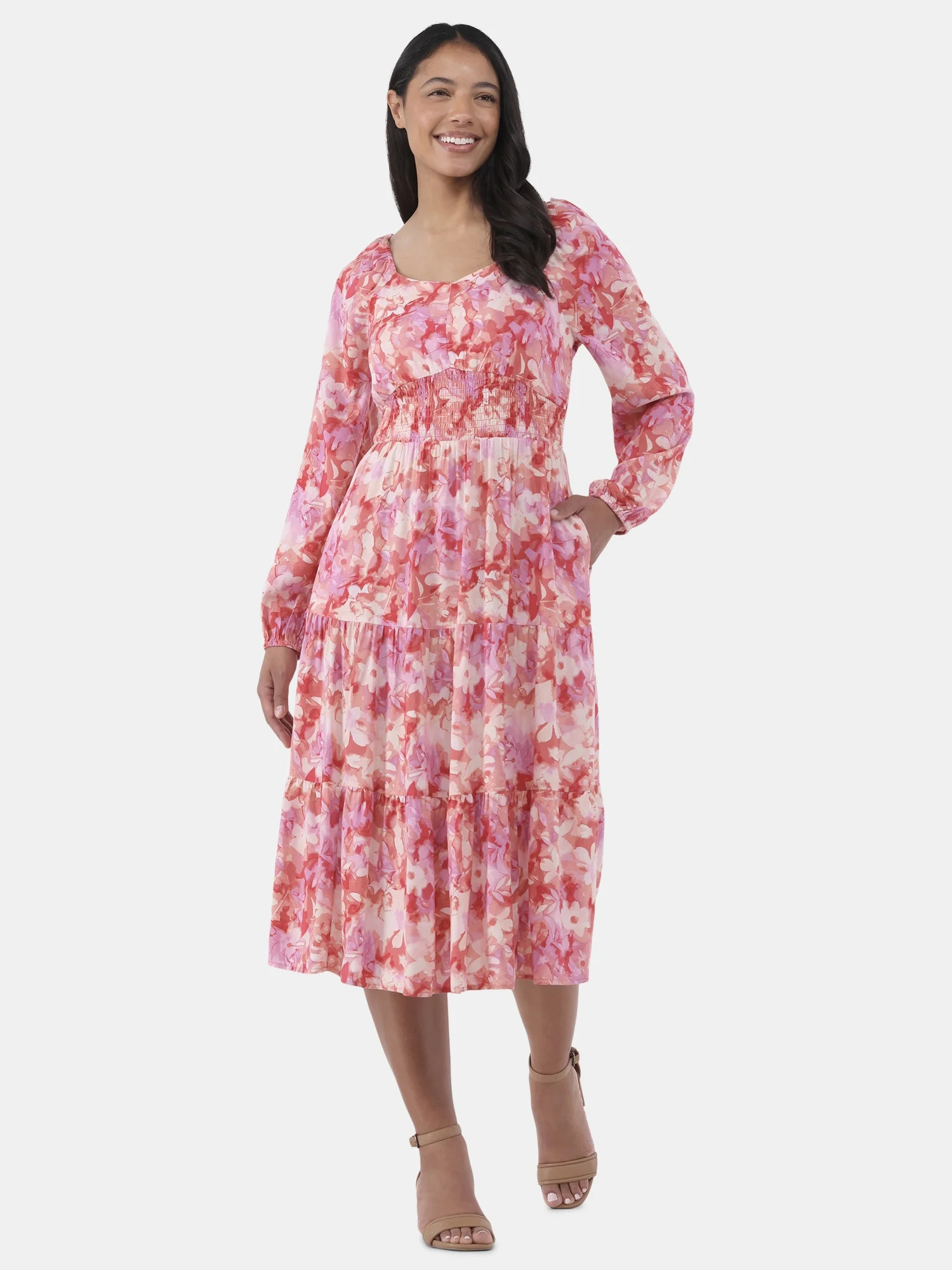 Time and Tru Women's Sweetheart Midi Dress with Long Sleeves, Sizes XS-XXXL | Walmart (US)