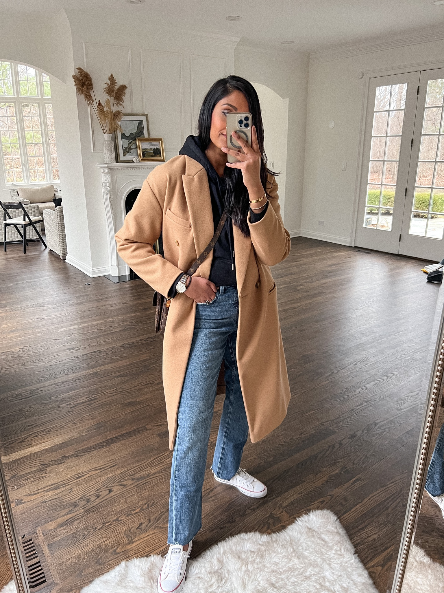 Camel coat. Topshop. Converse sneakers. Gap straight jeans. Casual outfit inspo. 

#LTKunder50 #LTKstyletip #LTKunder100
