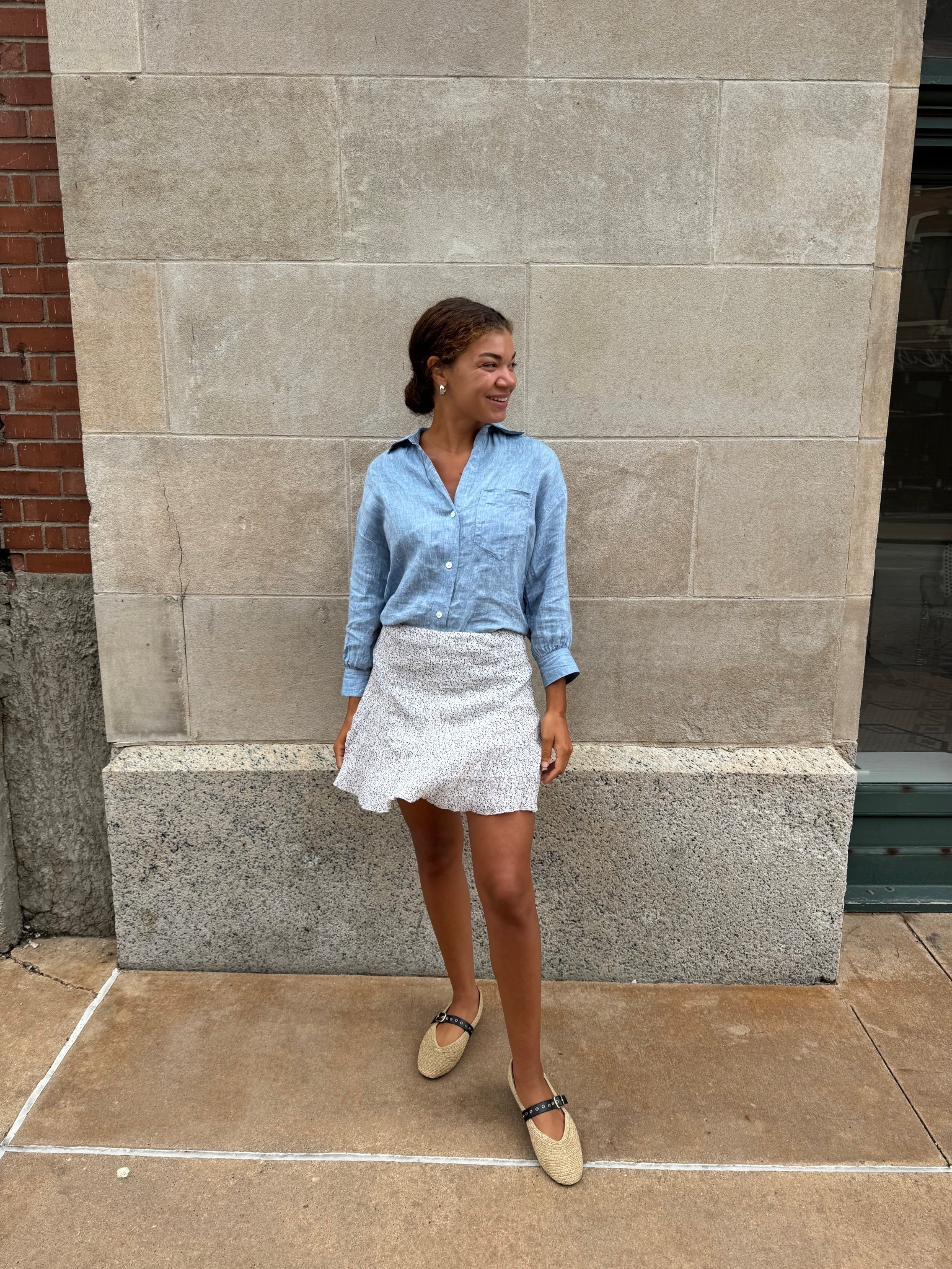 Cute summer outfit idea: floral skirt, linen button down, straw flats 

#LTKSeasonal #LTKStyleTip