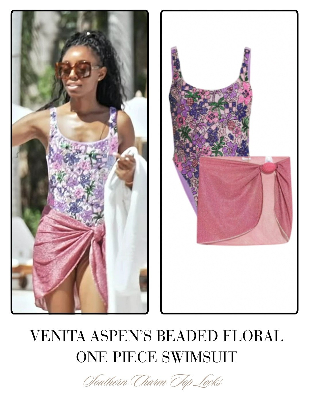 Venita Aspen’s Beaded Floral One Piece Swimsuit // Skirt sold out by Oseree 