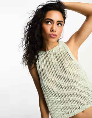 ASOS DESIGN relaxed knit tank top in open stitch in khaki | ASOS (Global)
