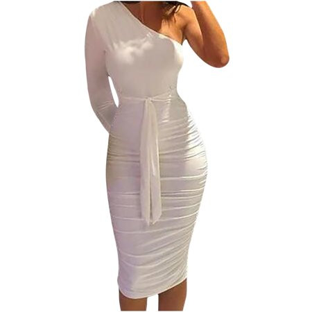 Women s Formal Dress Fitted One Shoulder Long Sleeve Solid Color Casual Party Midi Long Dress Ruched | Walmart (US)