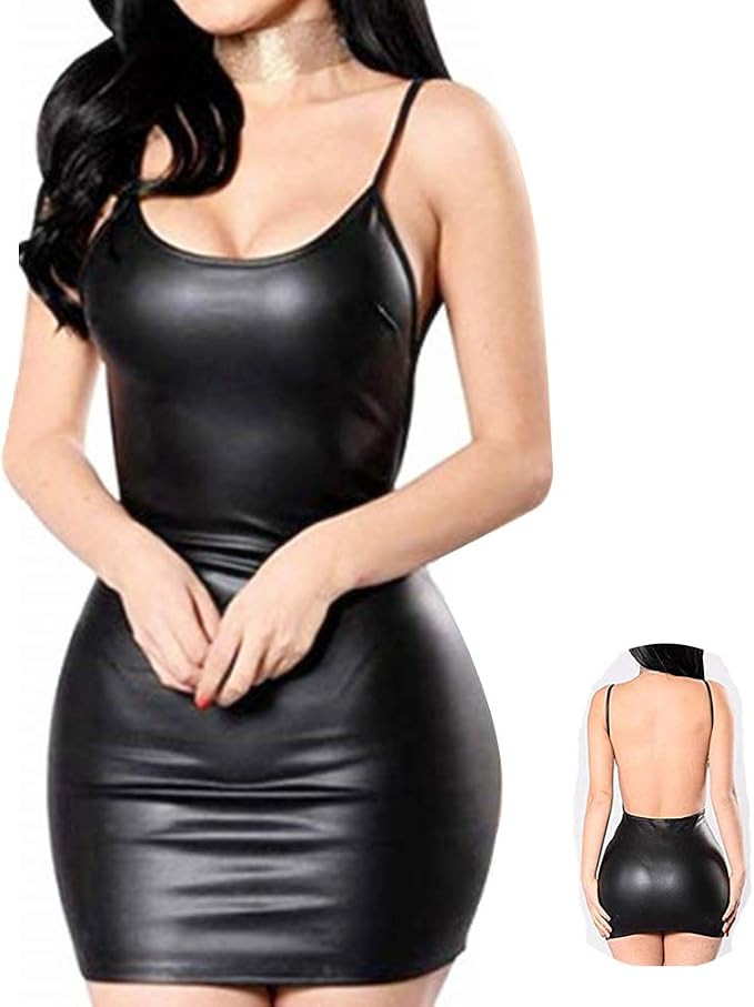 Women Latex Dress Sleeveless V-Neck Summer Clubwear Outfits Party Black Backless Leather Dresses ... | Amazon (US)