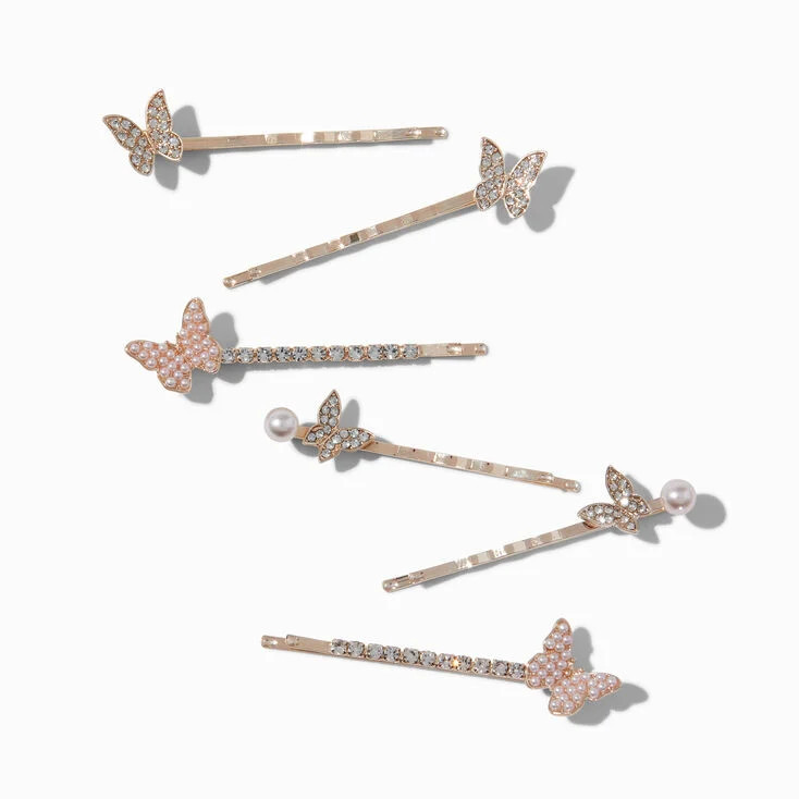 Rose Gold-tone Butterfly Rhinestone Pearl Hair Pins - 6 Pack | Claire's (UK)