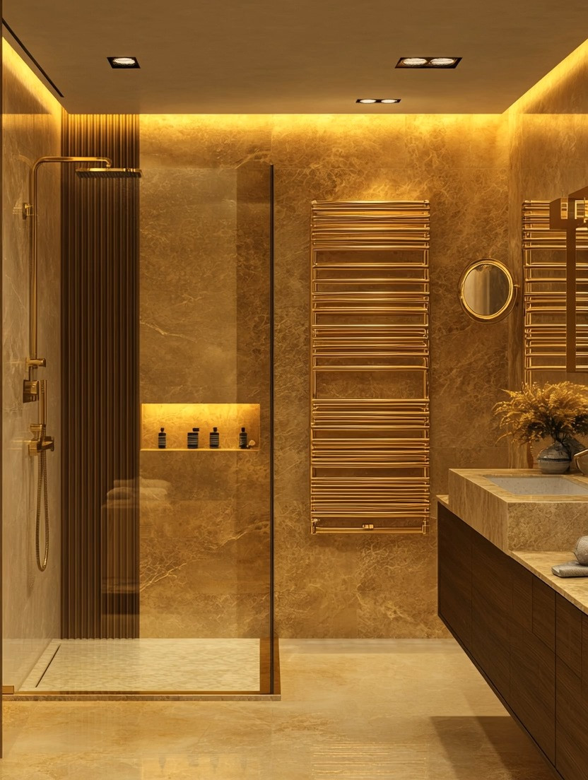This luxury hotel–inspired bathroom design proves that even functional elements can become true statement pieces. A gold multi-bar extra-long towel warmer instantly elevates any bathroom or powder room, transforming an everyday towel fixture into a sculptural decor feature. This type of towel warmer is not just practical — it adds warmth, visual interest, and a refined, spa-like atmosphere that feels indulgent and intentional. Whether placed in a primary bathroom, guest bathroom, or powder room, a gold towel warmer brings that high-end hotel bathroom experience straight into your home.

In modern bathroom design, details matter. A gold towel warmer works beautifully with marble walls, stone tiles, neutral palettes, bold dark tones, or warm earthy finishes. It complements modern bathrooms, mid-century bathrooms, minimalist bathrooms, and even bold, dramatic powder rooms. The multi-bar design allows towels to be displayed neatly while doubling as wall decor, making it both functional and decorative. This is one of those bathroom fixtures that instantly signals luxury without feeling overdone.

Pairing a towel warmer with gold bathroom fixtures, brushed gold faucets, gold shower hardware, or a gold frame mirror creates a cohesive, elevated look. Even in small powder rooms, a vertical towel warmer adds height, structure, and architectural interest. It’s an unexpected decor choice that feels curated and thoughtful, especially when combined with warm lighting, textured stone, and sleek cabinetry.

If you’re looking to upgrade your bathroom decor without a full renovation, adding a gold towel warmer is one of the easiest ways to achieve a luxury bathroom aesthetic. It works across styles, adds daily comfort, and transforms your bathroom or powder room into a space that feels elegant, warm, and hotel-level refined. This is not just a towel fixture — it’s a design statement that brings beauty and function together effortlessly.

#bathroomdecor
#powderroomdesign
#luxurybathroom 

 #LTKHome