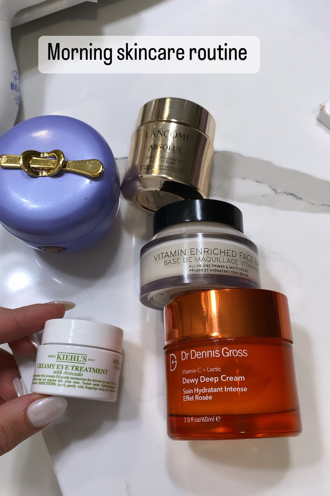 Morning skincare regimen 

Tatcha dewy moisturizer, Kiehls eye cream, Dr Dennis dewy deep vitamin C cream, Bobby brown vitamin enriched face base, Lancôme absolue anti aging soft cream.

#LTKunder100 #LTKunder50 #LTKbeauty