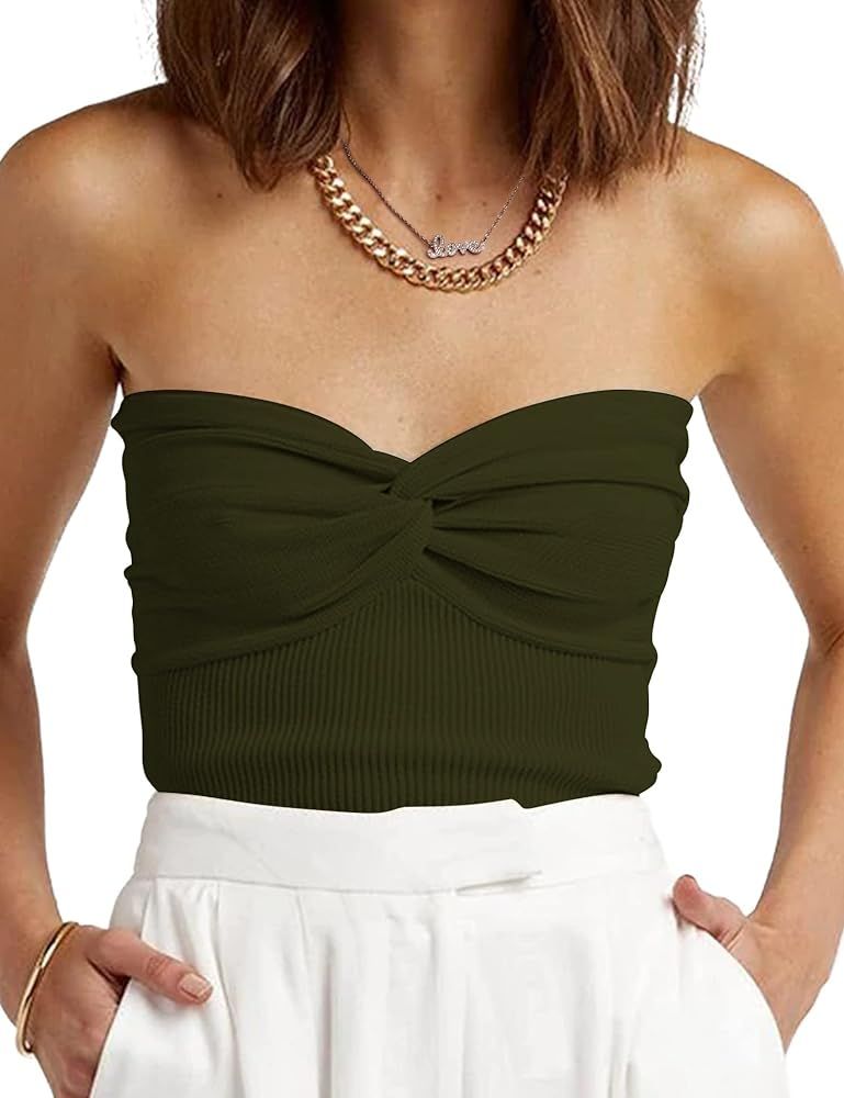 ANGGREK Womens Strapless Crop Top Twist Front Knit Tube Crop Top Tank Top Sleeveless Y2K Slim Fit... | Amazon (US)