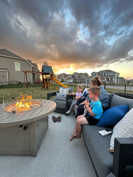 Pt. 1 : our outdoor patio setup with a couch, two chairs and fire table. 

#LTKfamily #LTKSeasonal