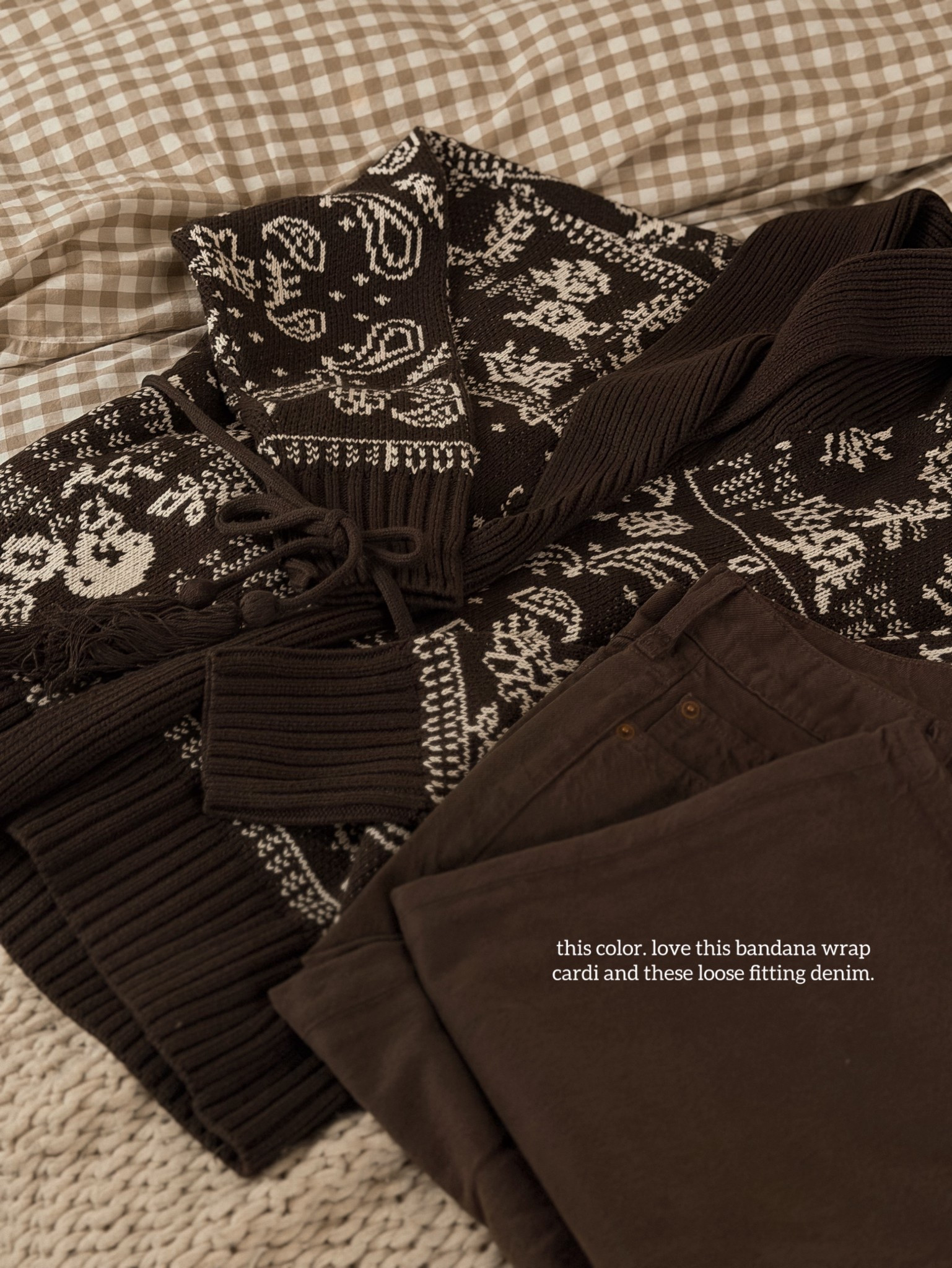 Love this bandana print wrap cardigan and loose denim in chocolate brown!