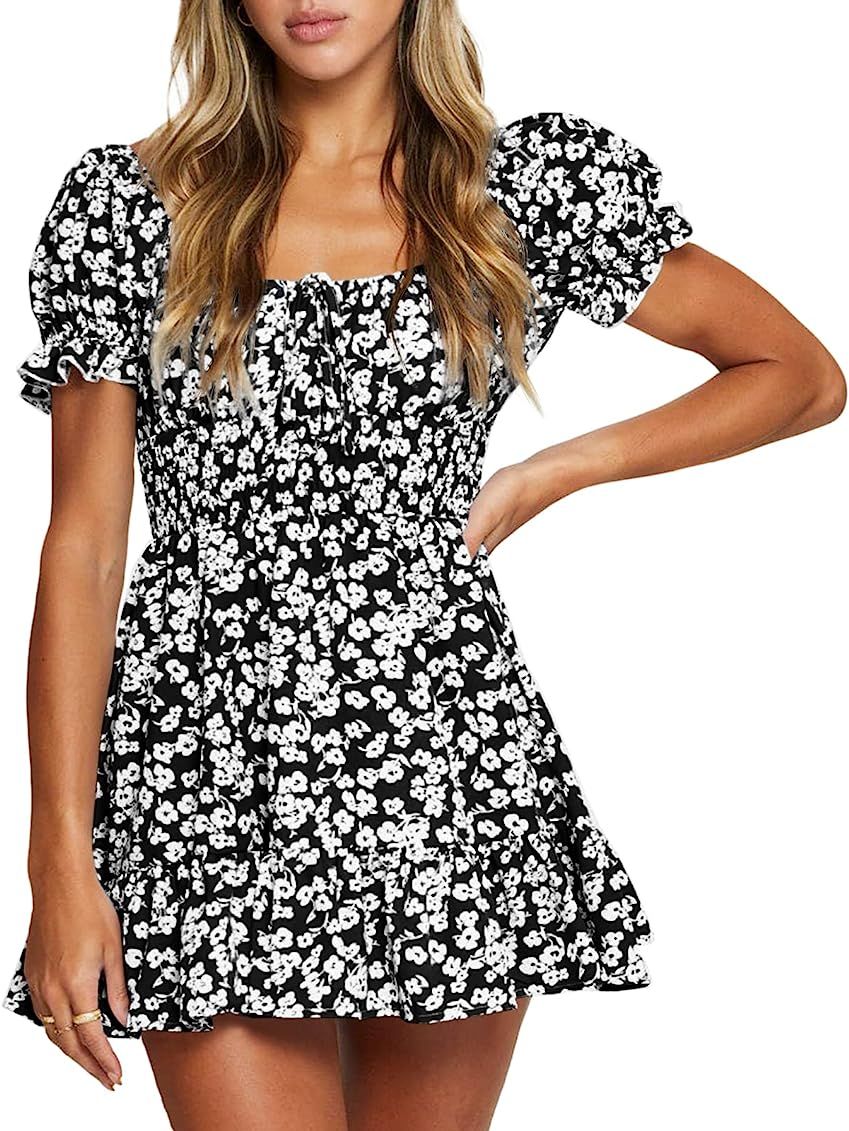Teurkia Womens Summer Beach Boho Dresses Short Sleeve Floral Print A Line Swing Dress | Amazon (US)