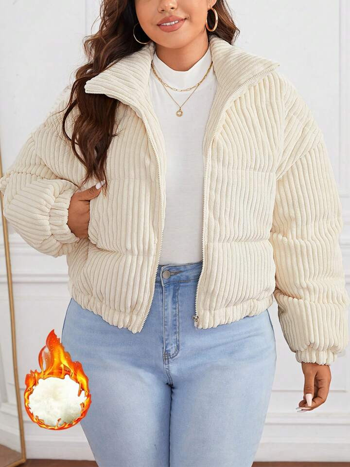 SHEIN Essnce Plus Drop Shoulder Zipper Corduroy Puffer Coat | SHEIN
