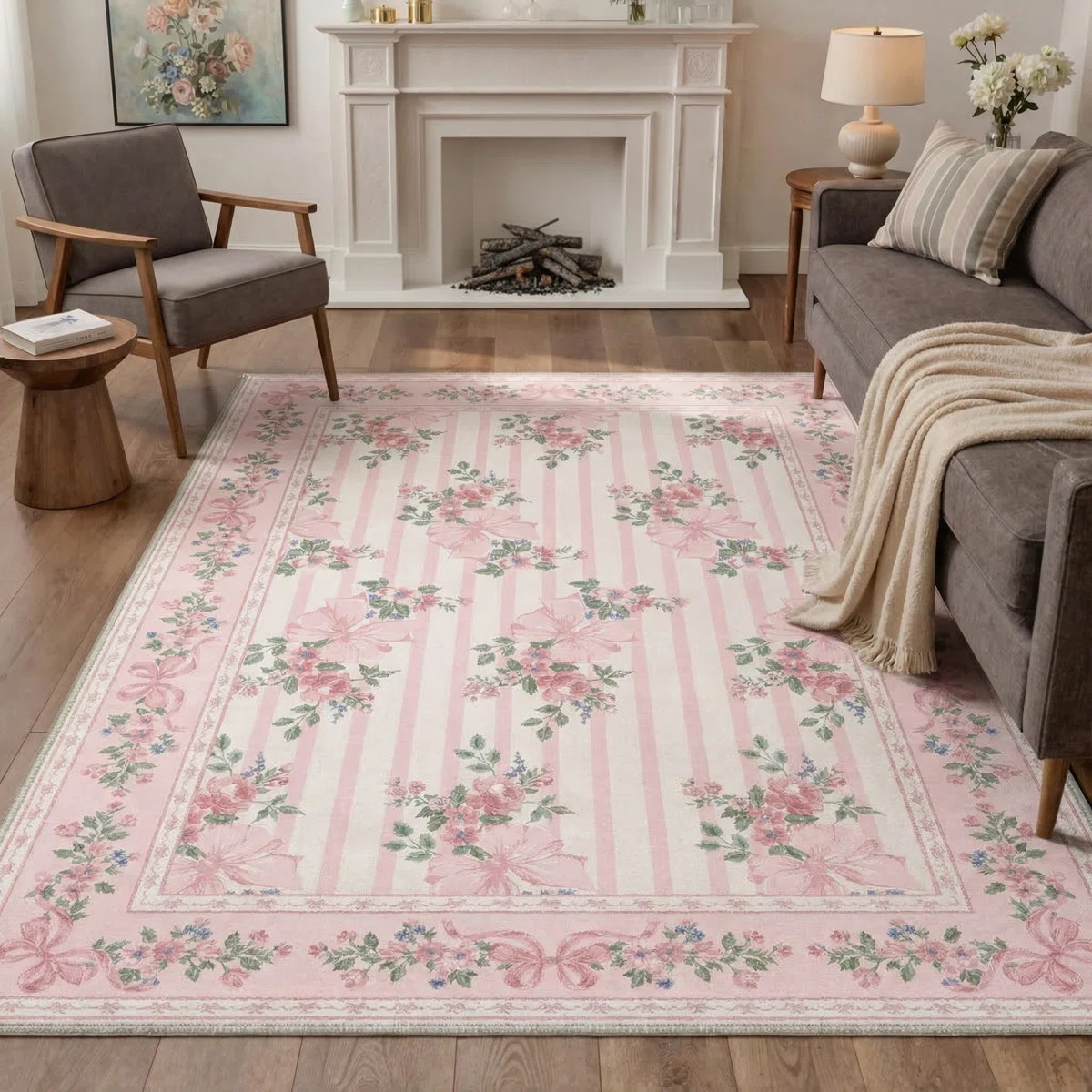 Bloomere Floral Machine Washable Blush Bow Indoor Area Rug With Non-Slip Backing | Wayfair North America