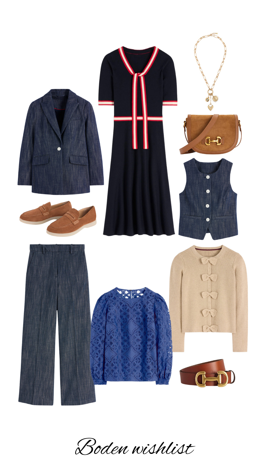 Boden, Leather Satchel, Twill Blazer, Trousers, Tailored, Tipped Bow Dress, Waistcoat, Knitted Bow Cardigan, Lace Crew Neck Top, Loafers, Chain Charm Necklace, Leather Belt 

 #LTKuk #LTKsummer #LTKautumn