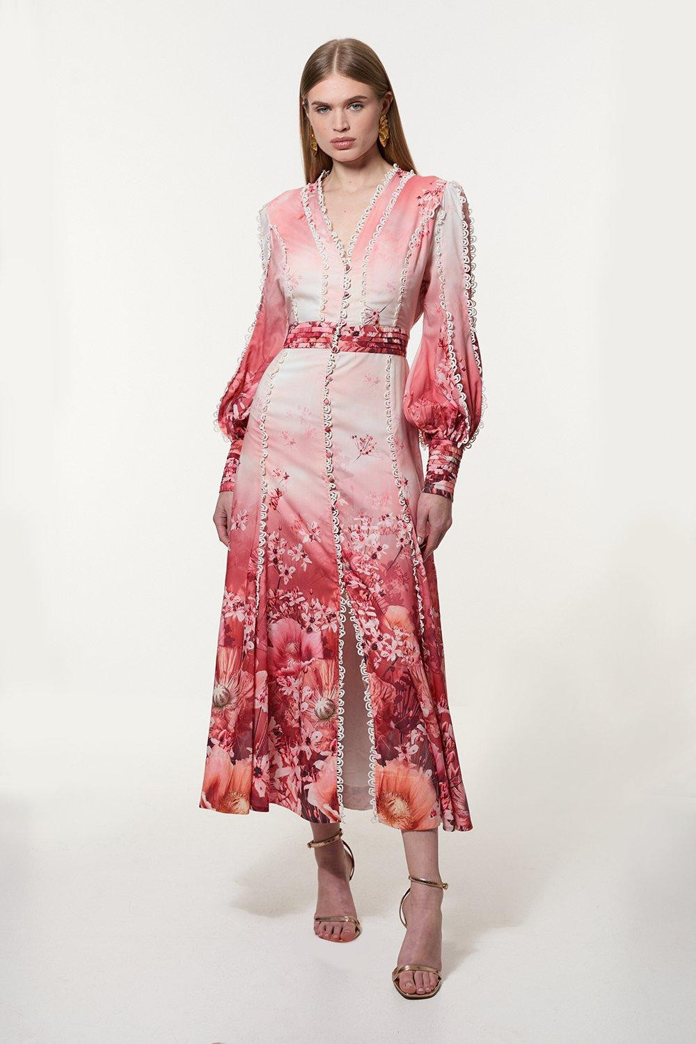 Trailing Floral Woven Plunge Balloon Sleeve Maxi Dress | Karen Millen UK + IE + DE + NL