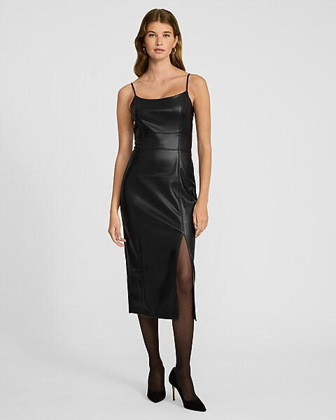 Faux Leather Scoop Neck Seamed Midi Sheath Dress | Express