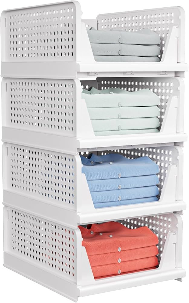 4 Pack Folding Closet Organizers Storage Box, Stackable Plastic Storage Basket, Closet Organizers... | Amazon (US)